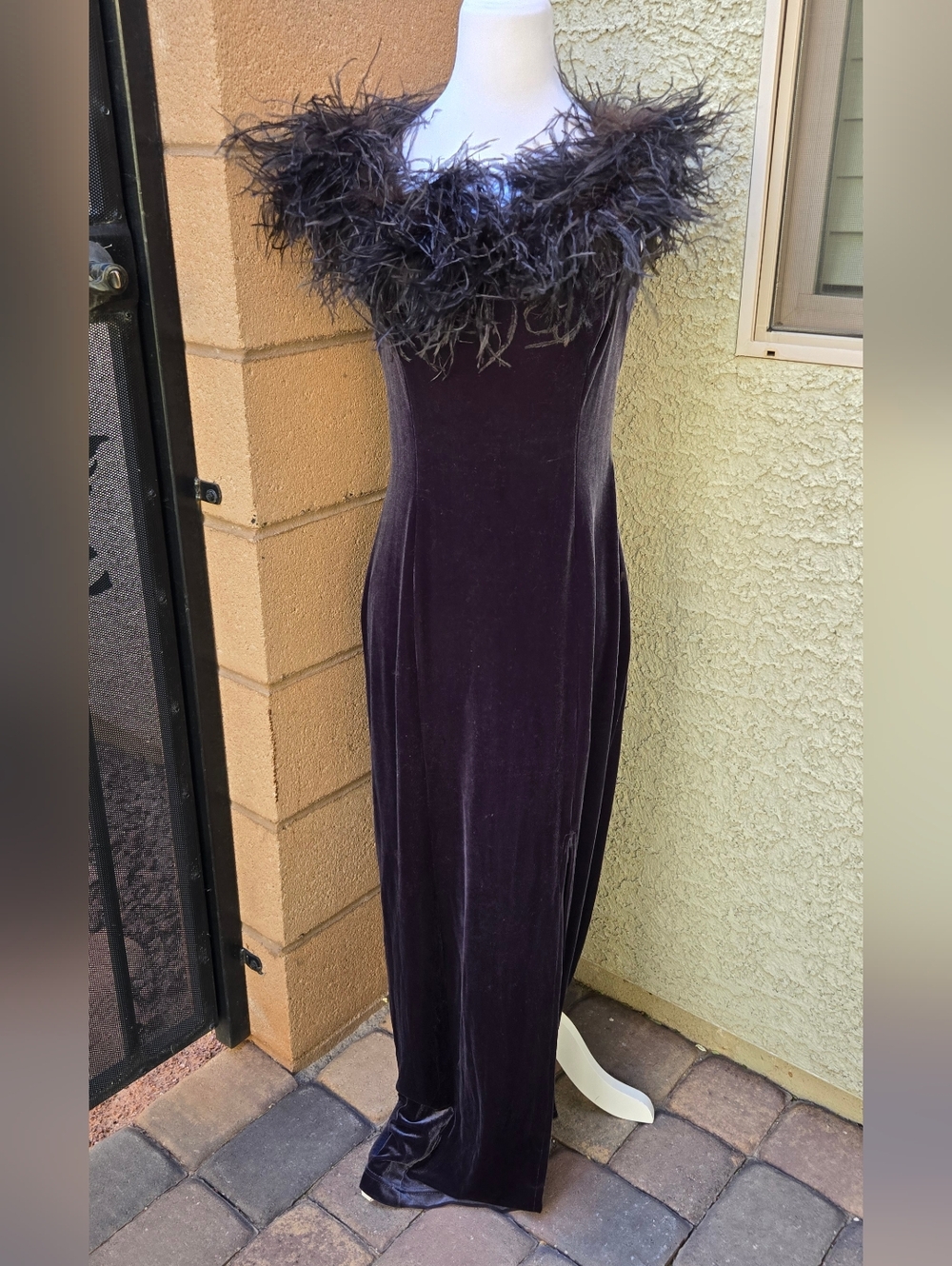 Bari Jay Vintage Lux Velvet Feather Collar Evening Gown